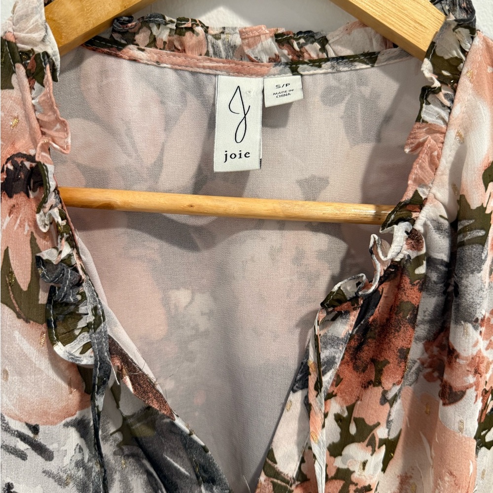 Excellent Joie Blouse Small Floral Ruffle Keyhole Puff long Sleeve top work - Picture 2 of 11